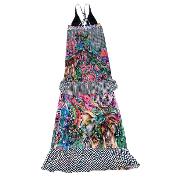 Agua Bendita Dress Maxi Tiered Ruffle Check Multicolor Plumaje Strappy Back L - Picture 2 of 8